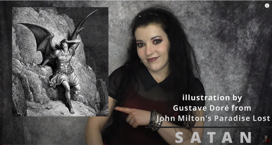 Angela pointing to the depiction of Satan in Milton's Paradise Lost by Gustave Doré.