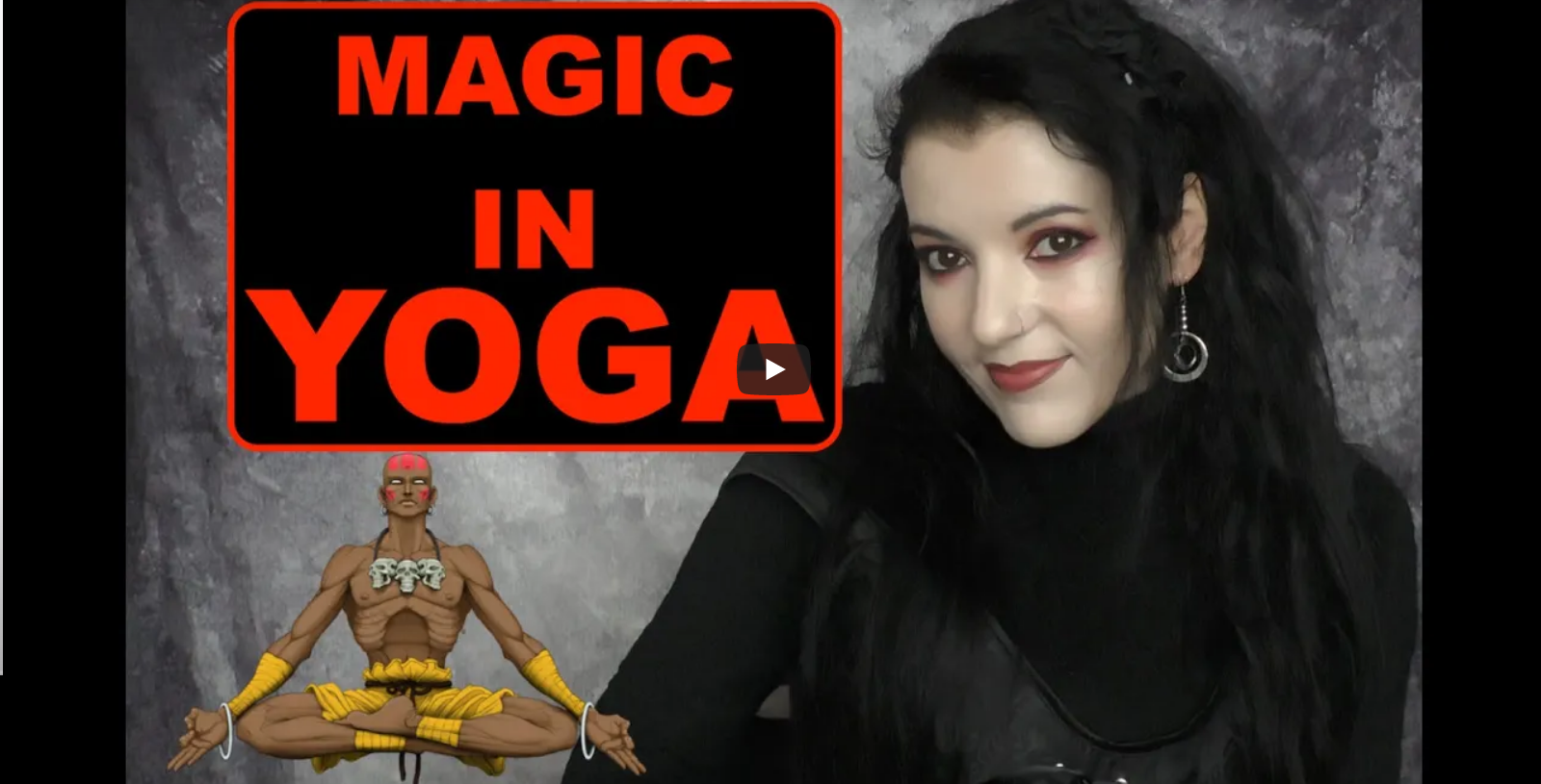 Angela Puca with a sign 'Magic in Yoga' and a picture of a yogin