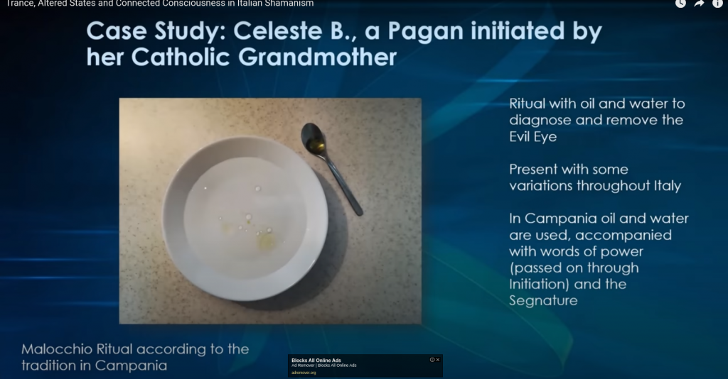 Lecture slide 7 Case Study: Celeste B., a Pagan intiated by her Catholic Grandmother.
Photo of spoon, bowl with oil and water in it
Text read by Dr Puca
