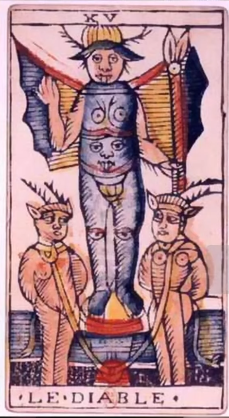 Le Diable, from the early 18th-century Tarot of Marseilles by Jean Dodal PD Wikimedia
