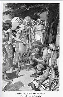 Cuchulainn rebuked by Emer, illustration from 'Celtic Myth and Legend' by Charles Squire, 1905
