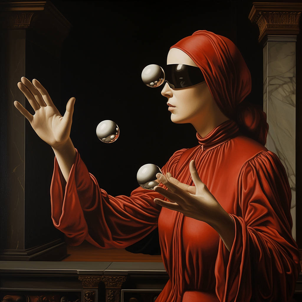 Blindfolded woman and floating balls MJ