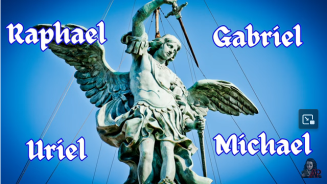Picture of an armed archangel statue with the names Raphael, Gabriel, Uriel and Michael - screenshot