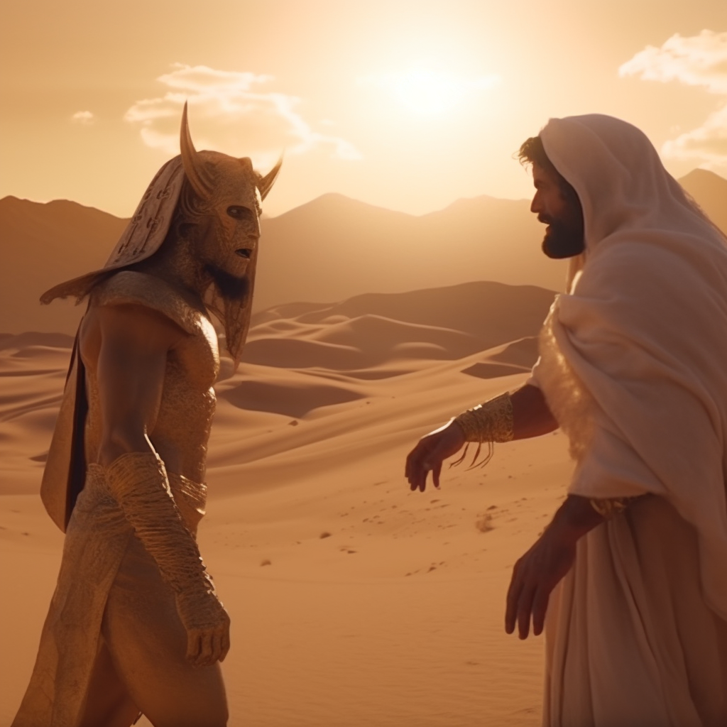 Satan tempting Jesus in the desert.
Midjourney CCX
