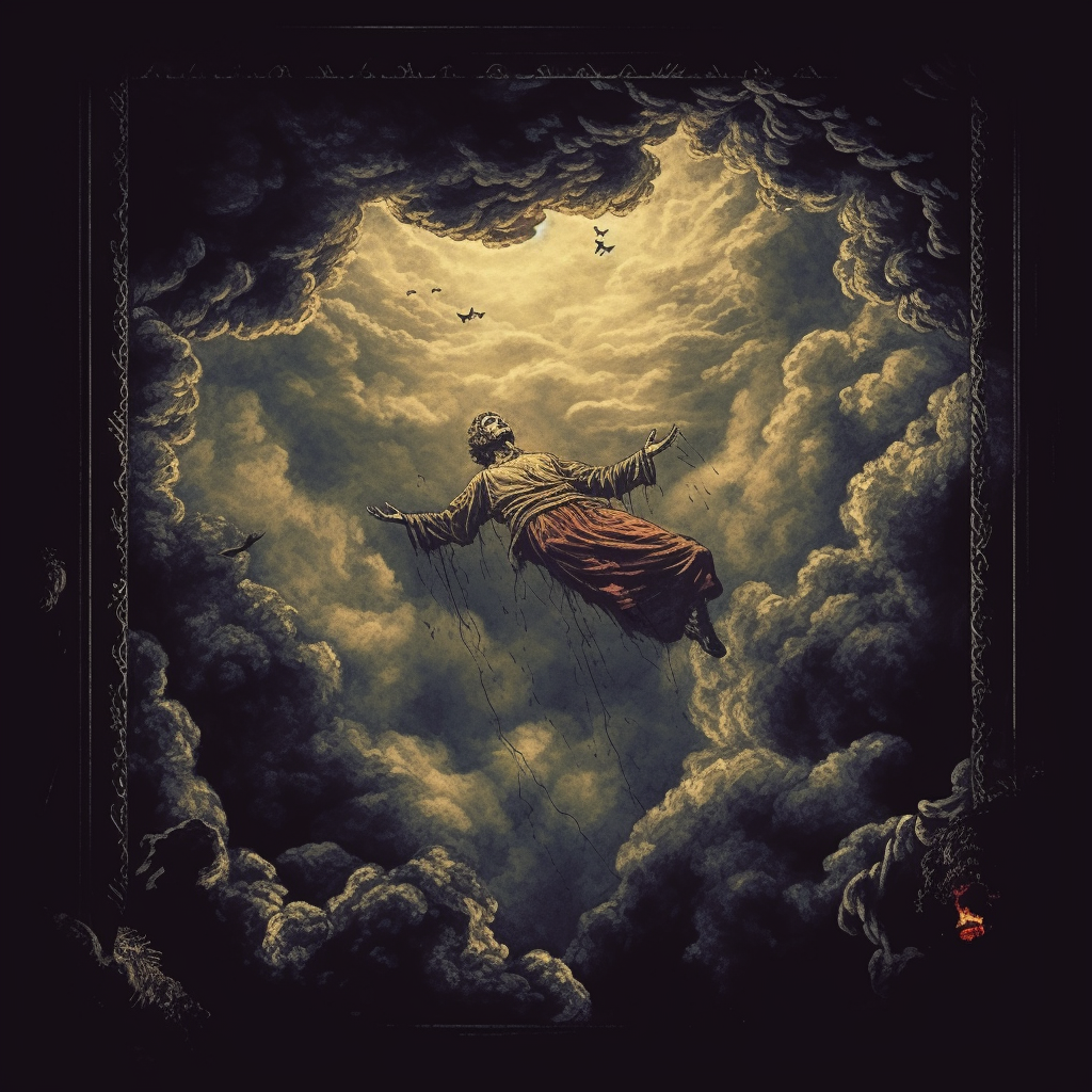 Dead person floating in clouds Midjourney