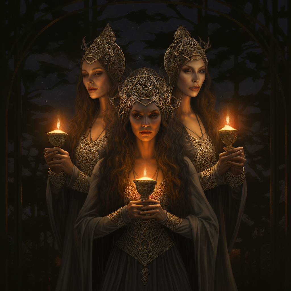 three goddesses with lamps Midjourney