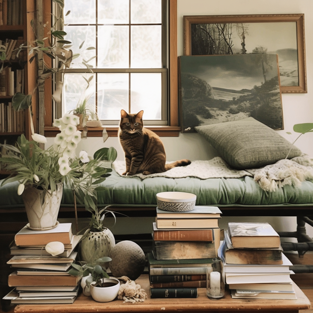 Cat and books in a domestic setting - Midjourney