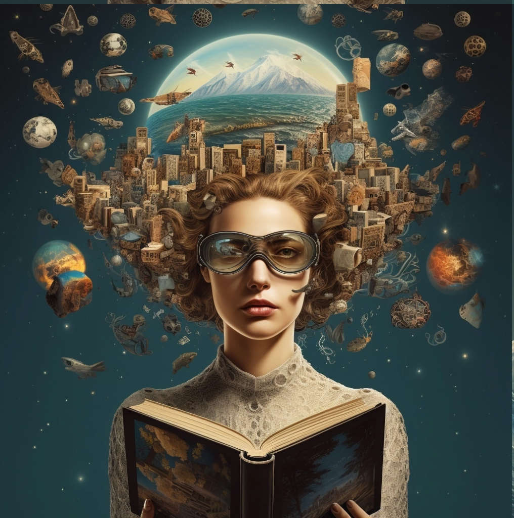 woman reading a book with head showing imagination - midjourney