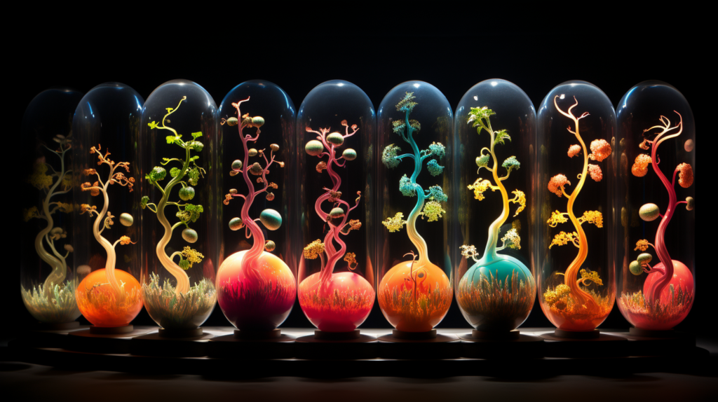Terrariums with coloured plants symbolising DNA Midjourney