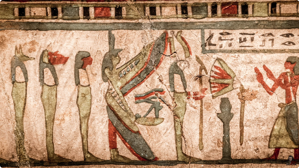 Section of an Egyptian mural Hieroglyphs and Kemetic images